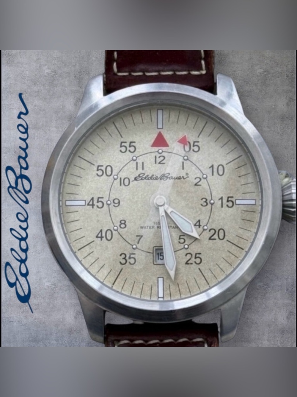 Vintage Eddie Bauer Watch Men 42mm Silver Tone Date Pilot Style Red Arrow